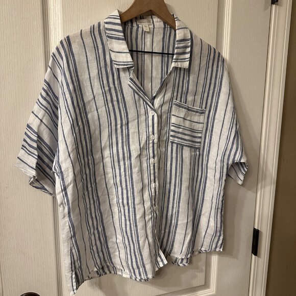 Garnet Hill | Womens 16 XL 100% Linen Stripe Button Up Top Coastal Grandma Camp - Picture 2 of 7